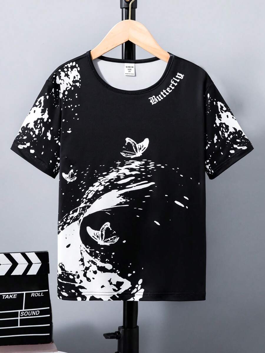 SHEIN Tween Boy Letter & Butterfly Print Tee - Black - View 1