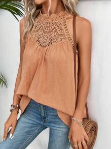 SHEIN Frenchy 拼接水溶蕾絲後鎖孔背心上衣 - 珊瑚橙 - 查看 1