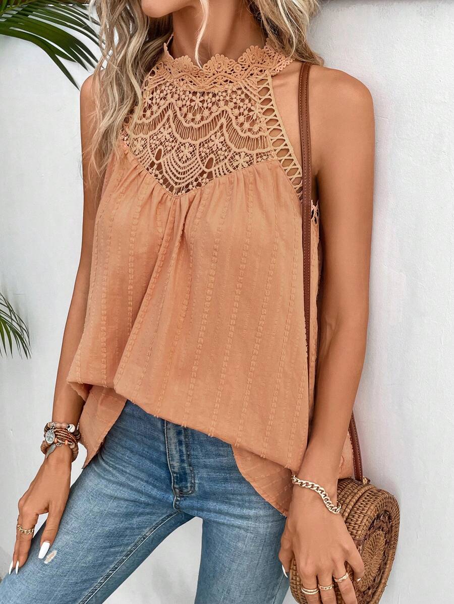 SHEIN Frenchy 拼接水溶蕾絲後鎖孔背心上衣 - 珊瑚橙 - 查看 1