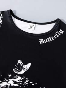 SHEIN Tween Boy Letter & Butterfly Print Tee - Black - View 4