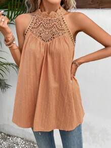 SHEIN Frenchy 拼接水溶蕾絲後鎖孔背心上衣 - 珊瑚橙 - 查看 6