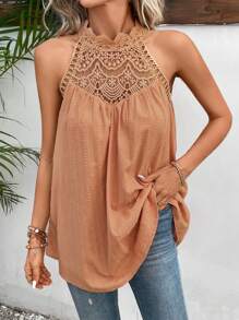 SHEIN Frenchy 拼接水溶蕾絲後鎖孔背心上衣 - 珊瑚橙 - 查看 3