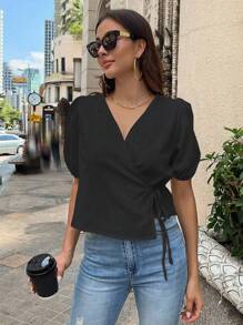 DAZY 泡泡袖结饰侧裹式衬衫、短款上衣