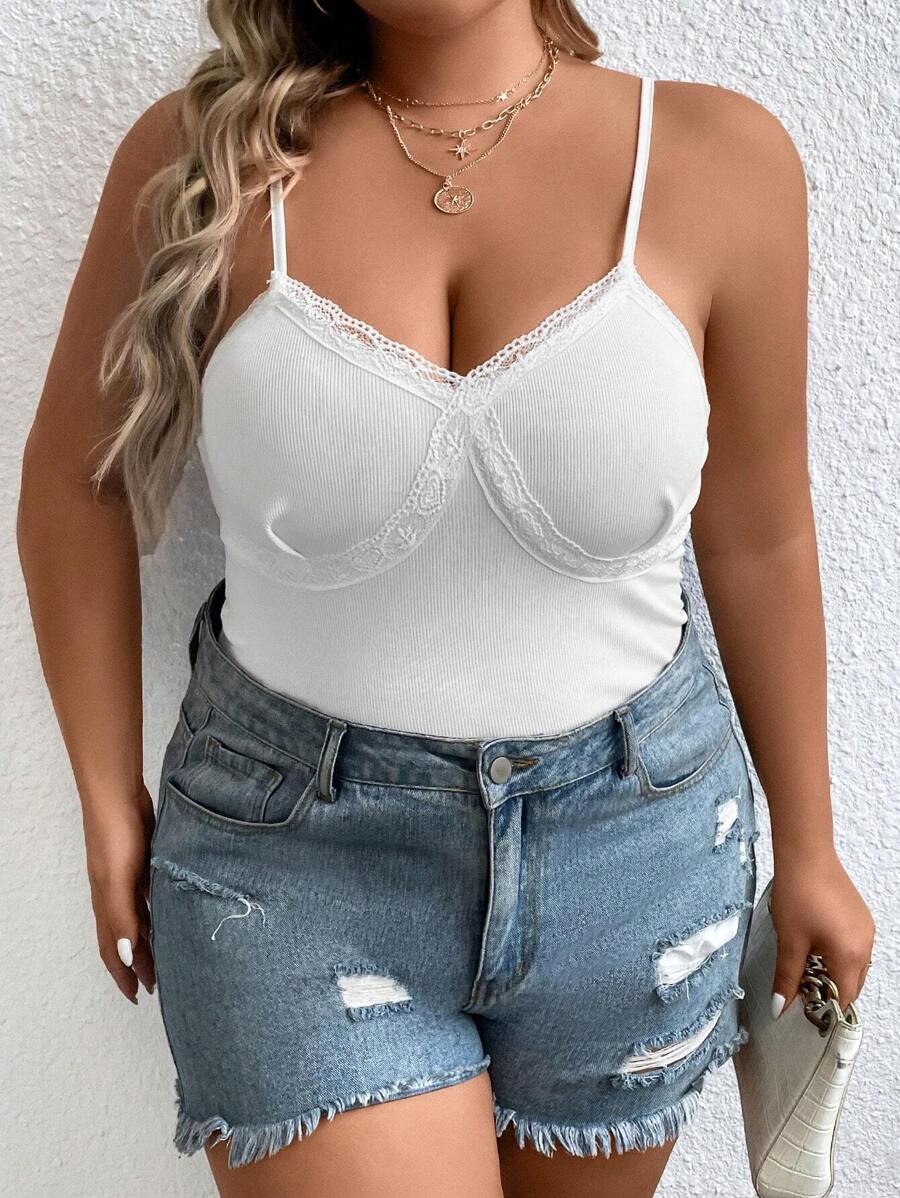 SHEIN Frenchy Plus Lace Trim Cami Top - Beige - View 1