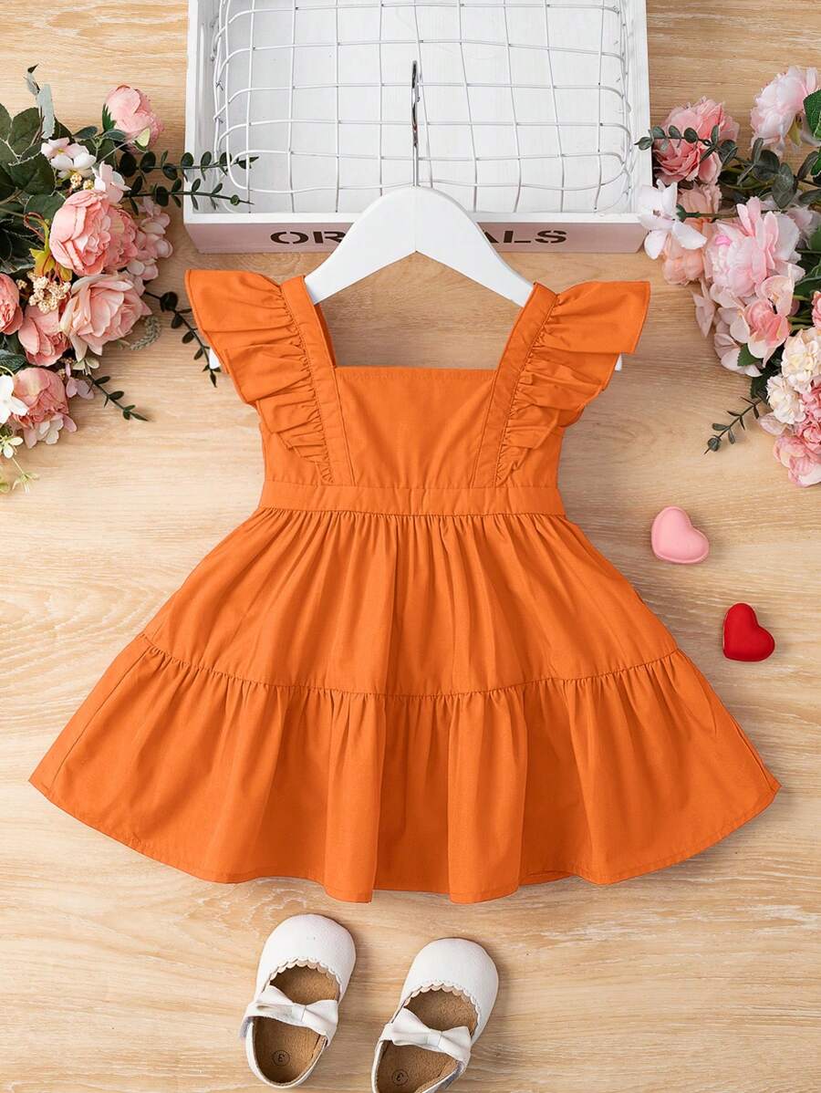 SHEIN 女宝宝休闲夏季可爱度假纯色荷叶袖连衣裙 - 橘色 - 查看 1