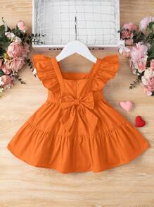 SHEIN 女宝宝休闲夏季可爱度假纯色荷叶袖连衣裙 - 橘色 - 查看 2