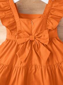 SHEIN 女宝宝休闲夏季可爱度假纯色荷叶袖连衣裙 - 橘色 - 查看 3