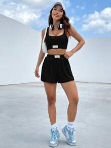 SHEIN EZwear 黑色紧身字母拼接细节露脐背心和修身短裤夏季女装两件套 - 黑色 - 查看 3