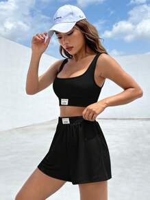 SHEIN EZwear 黑色紧身字母拼接细节露脐背心和修身短裤夏季女装两件套 - 黑色 - 查看 4