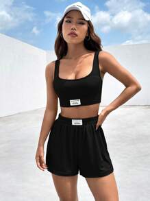 SHEIN EZwear 黑色紧身字母拼接细节露脐背心和修身短裤夏季女装两件套 - 黑色 - 查看 6