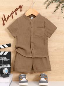 Baby Boy Solid Patched Pocket Shirt & Shorts - Mocha Brown - View 1