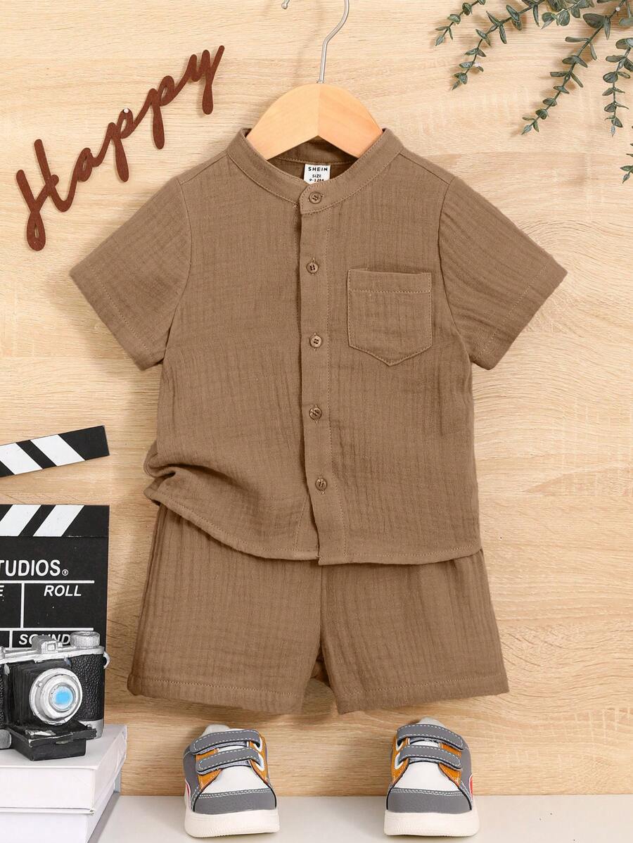 Baby Boy Solid Patched Pocket Shirt & Shorts - Mocha Brown - View 1