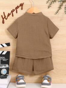 Baby Boy Solid Patched Pocket Shirt & Shorts - Mocha Brown - View 2
