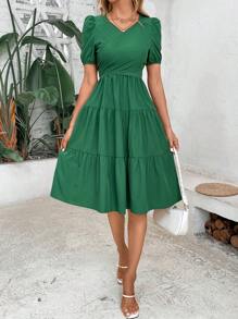 SHEIN VCAY Puff Sleeve Ruffle Hem Dress - Green - View 2
