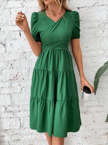 SHEIN VCAY Puff Sleeve Ruffle Hem Dress - Green - View 4