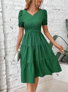 SHEIN VCAY Puff Sleeve Ruffle Hem Dress - Green - View 1