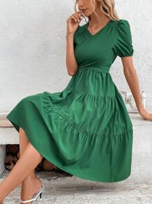SHEIN VCAY Puff Sleeve Ruffle Hem Dress - Green - View 5
