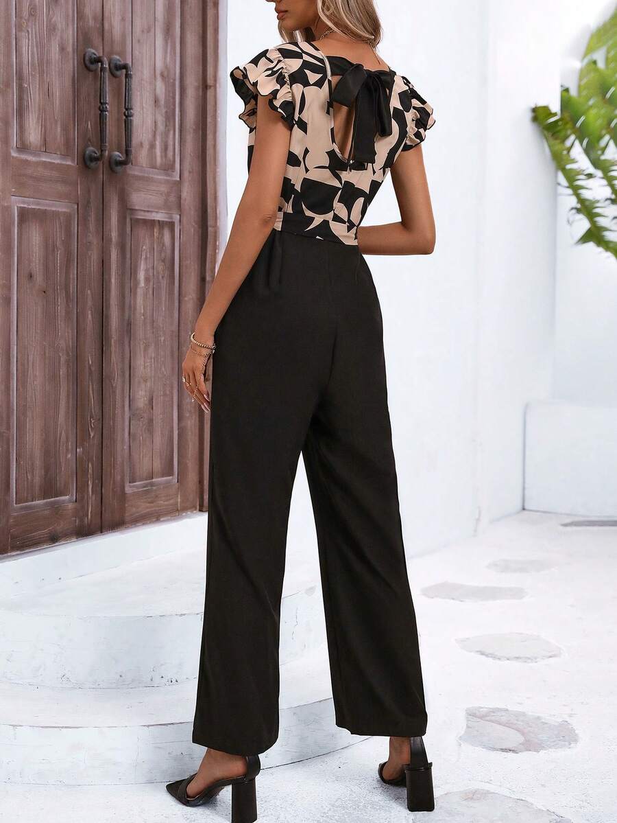SHEIN LUNE Geo Print Tie Back Jumpsuit - Black - View 1