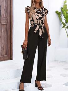 SHEIN LUNE Geo Print Tie Back Jumpsuit - Black - View 5