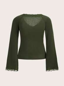 ROMWE Fairycore 蕾絲拼接前繫帶T恤 - 軍綠色 - 查看 2