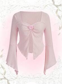 ROMWE Kawaii 3D雞心領口木耳邊下擺開叉T恤 - 粉色 - 查看 1