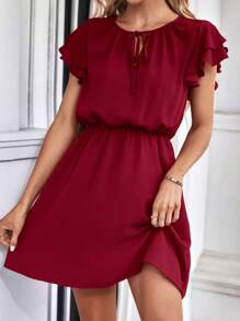 SHEIN Privé Tie Neck Butterfly Sleeve Dress - Burgundy - View 1