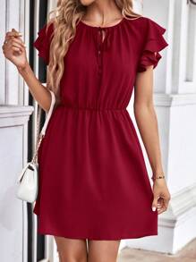 SHEIN Privé Tie Neck Butterfly Sleeve Dress - Burgundy - View 6