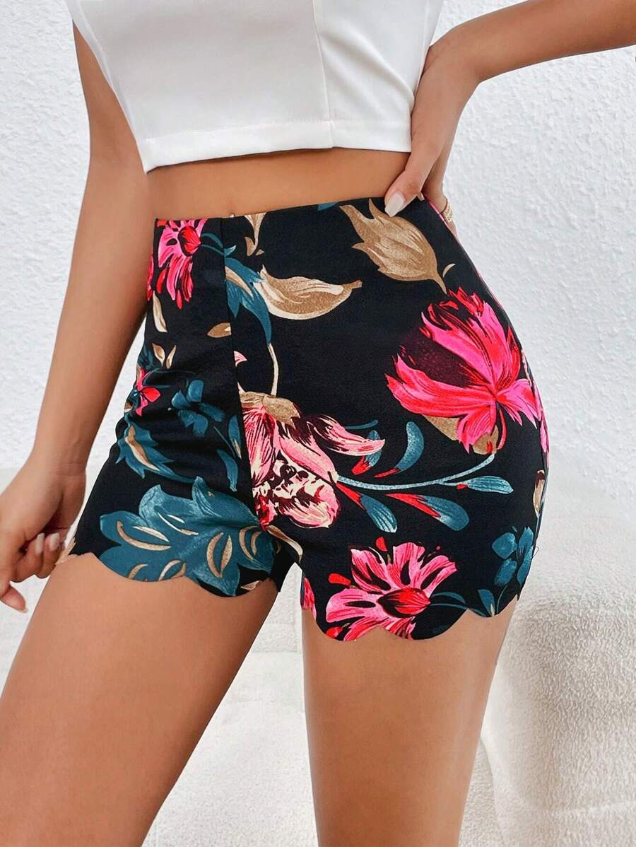 SHEIN Clasi Floral Print Scallop Trim Cycling Shorts - Multicolor - View 1