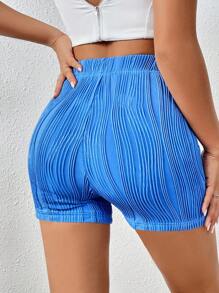 SHEIN Essnce 素色彈性腰帶騎行褲 - 藍色 - 查看 3