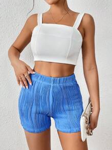 SHEIN Essnce 素色彈性腰帶騎行褲 - 藍色 - 查看 6