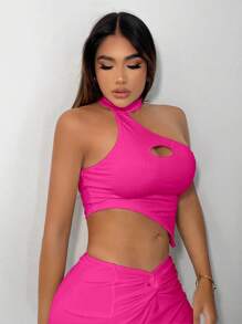 SHEIN SXY Chất rắn Cắt ra Viền không đối xứng Áo - Màu Hồng Tươi - Xem 2