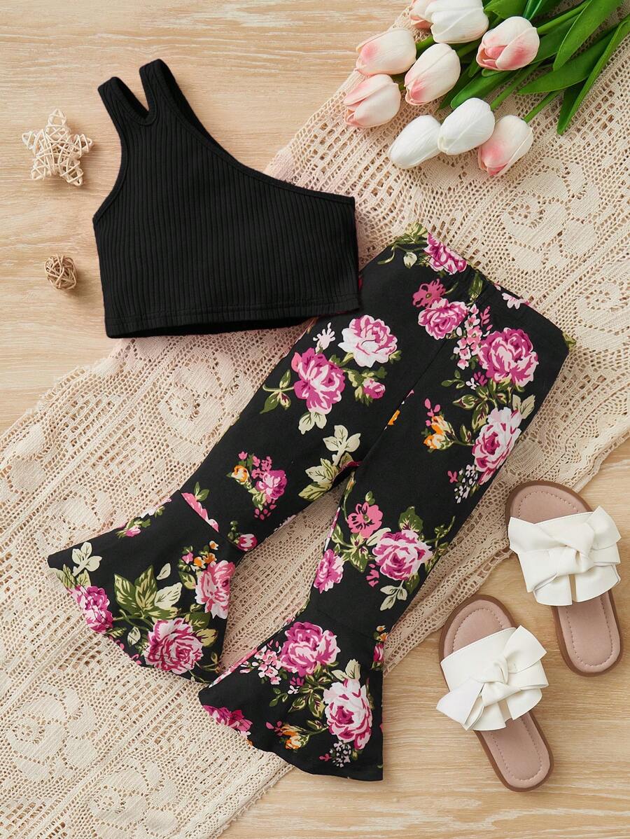 SHEIN 女嬰單肩上衣和印花喇叭褲 - 黑色 - 查看 1