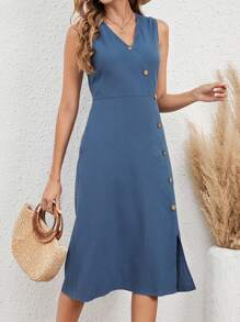 EMERY ROSE Chất rắn Chi tiết Nút Tách đùi Đầm - Màu xanh bụi bặm - Xem 1