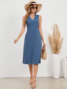 EMERY ROSE Chất rắn Chi tiết Nút Tách đùi Đầm - Màu xanh bụi bặm - Xem 5