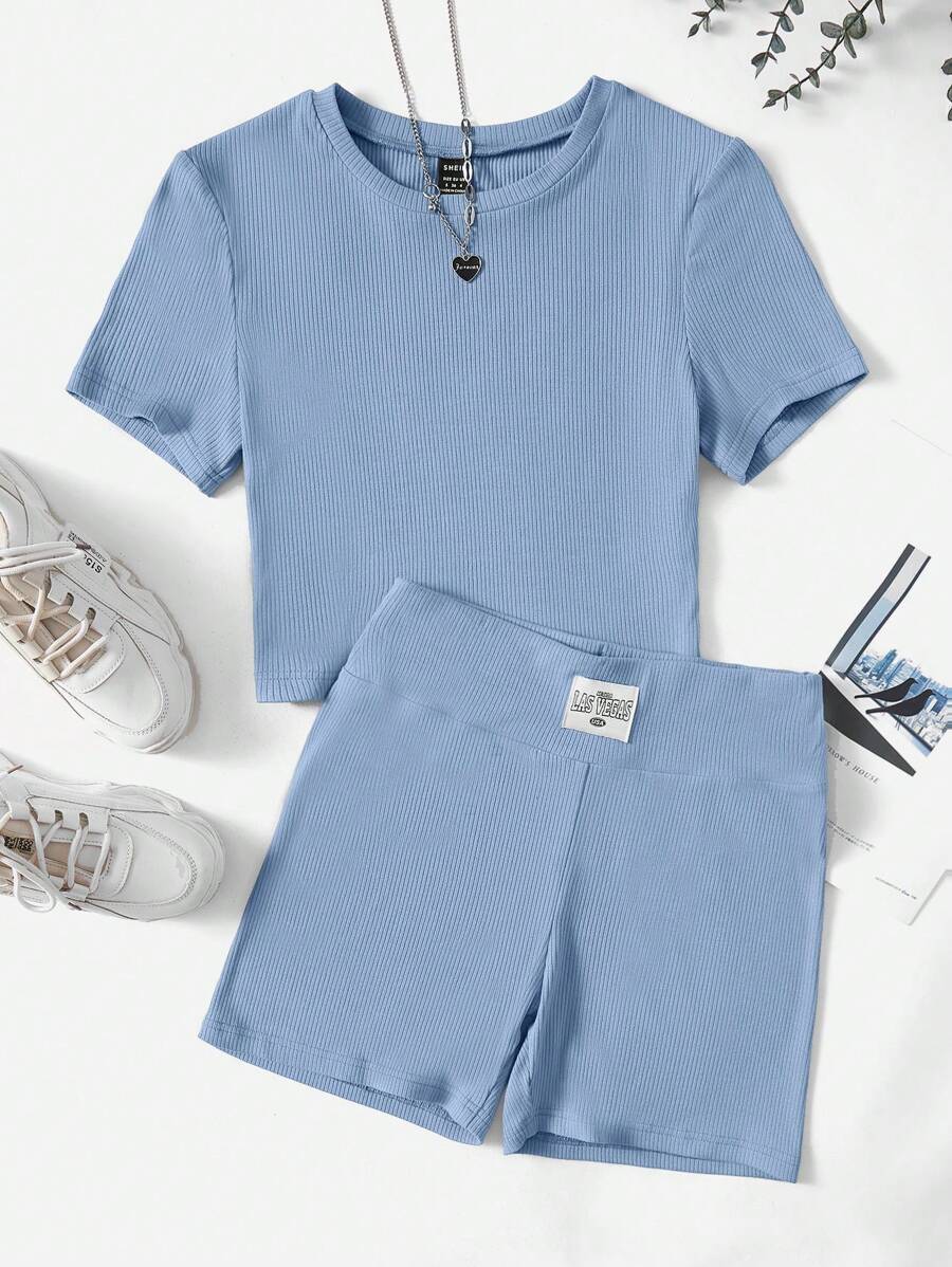 SHEIN EZwear 素色T恤&字母貼布騎行褲 - 霧霾藍 - 查看 1