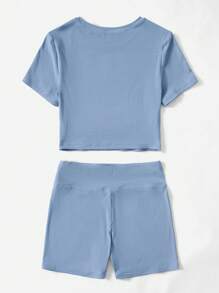 SHEIN EZwear 素色T恤&字母貼布騎行褲 - 霧霾藍 - 查看 2