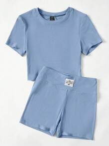 SHEIN EZwear 素色T恤&字母貼布騎行褲 - 霧霾藍 - 查看 3