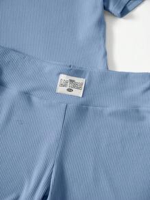 SHEIN EZwear 素色T恤&字母貼布騎行褲 - 霧霾藍 - 查看 5