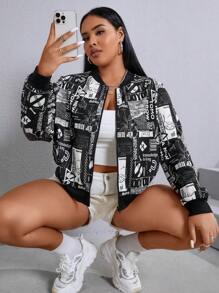 SHEIN EZwear Plus Slogan & Floral Print Zip Up Bomber Jacket Winter Fall Autumn - Black and White - View 1