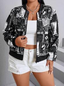 SHEIN EZwear Plus Slogan & Floral Print Zip Up Bomber Jacket Winter Fall Autumn - Black and White - View 4
