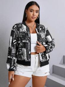 SHEIN EZwear Plus Slogan & Floral Print Zip Up Bomber Jacket Winter Fall Autumn - Black and White - View 5