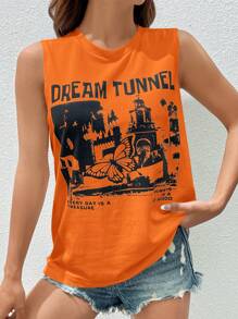 SHEIN EZwear Building & Slogan Graphic Tank Top - Orange - View 3