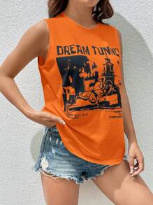 SHEIN EZwear Building & Slogan Graphic Tank Top - Orange - View 5