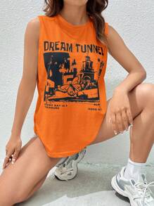 SHEIN EZwear Building & Slogan Graphic Tank Top - Orange - View 6