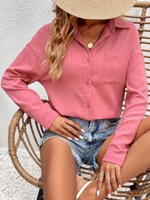 SHEIN Frenchy Solid Drop Shoulder Pocket Patched Button Front Shirt Casual Pink - Dusty Pink - View 1