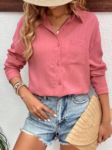 SHEIN Frenchy Solid Drop Shoulder Pocket Patched Button Front Shirt Casual Pink - Dusty Pink - View 2