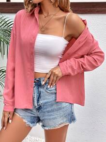 SHEIN Frenchy Solid Drop Shoulder Pocket Patched Button Front Shirt Casual Pink - Dusty Pink - View 5