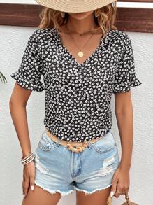 SHEIN Frenchy 碎花荷葉袖襯衫 - 黑與白 - 查看 2