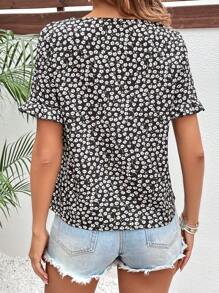 SHEIN Frenchy 碎花荷葉袖襯衫 - 黑與白 - 查看 3