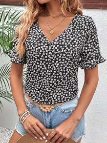 SHEIN Frenchy 碎花荷葉袖襯衫 - 黑與白 - 查看 5